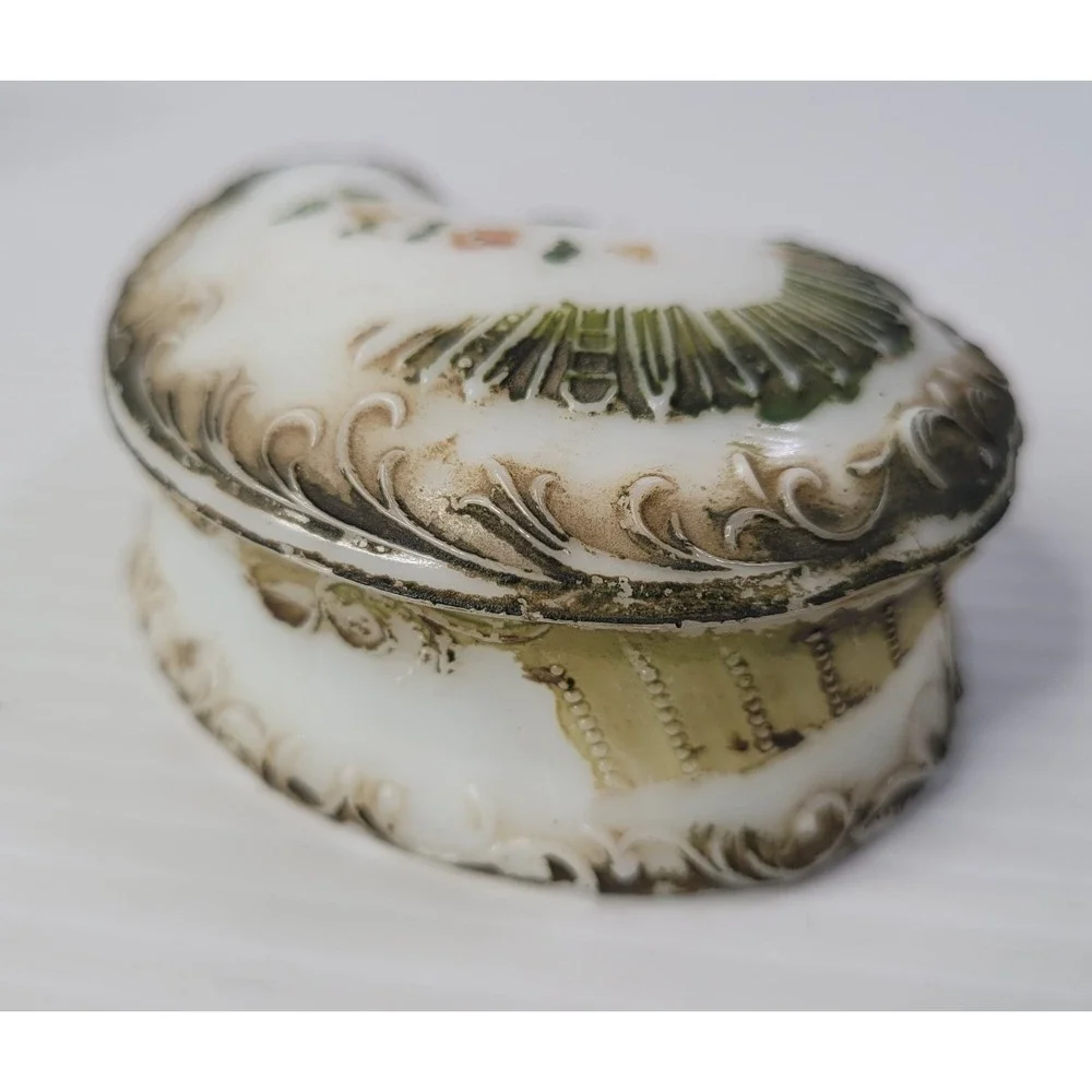 Antique Milk Glass Hand Painted Paisley Shaped Trinket Box w/‎ Lid RARE